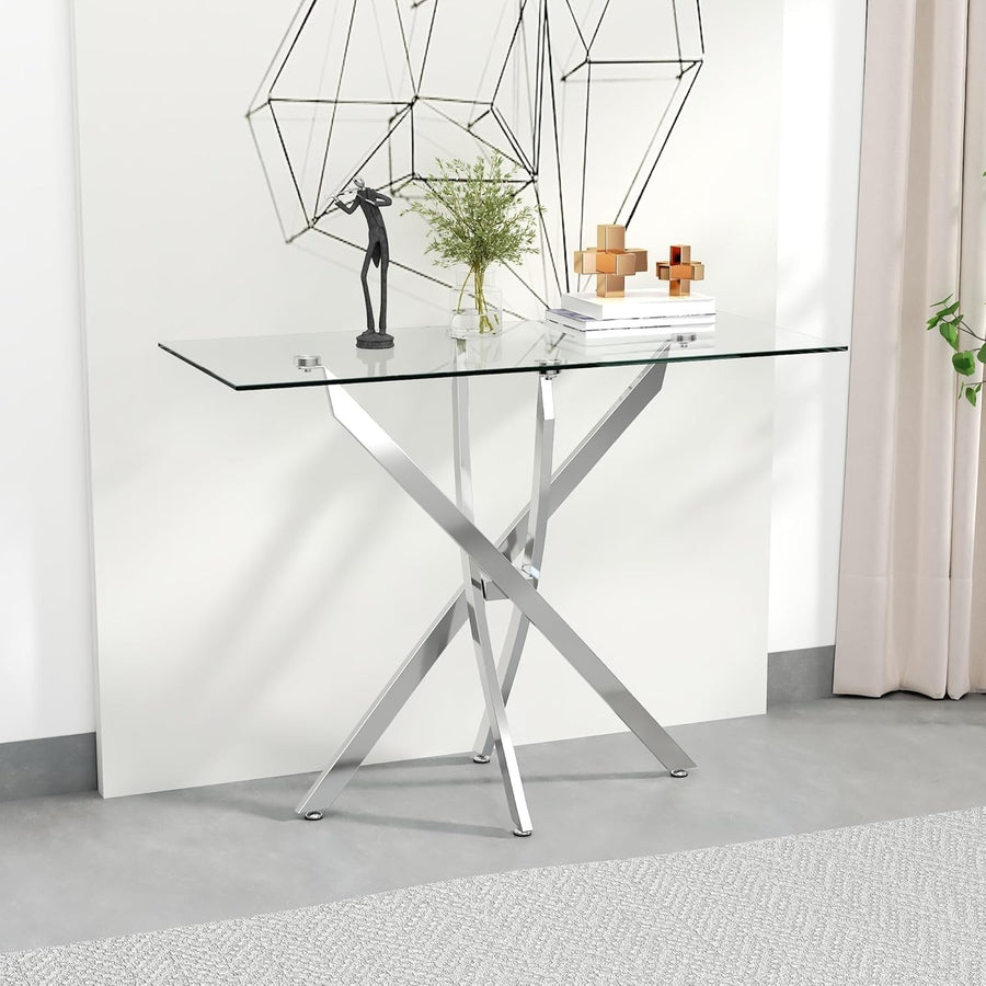 Modern Slim Glass Console Table 100cm, Silver Metal Legs for Hallway