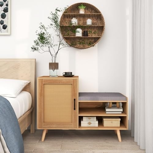 Rattan Shoe Cabinet Bench with Cushion Adjustable Shelves Pine Wood Legs Unit