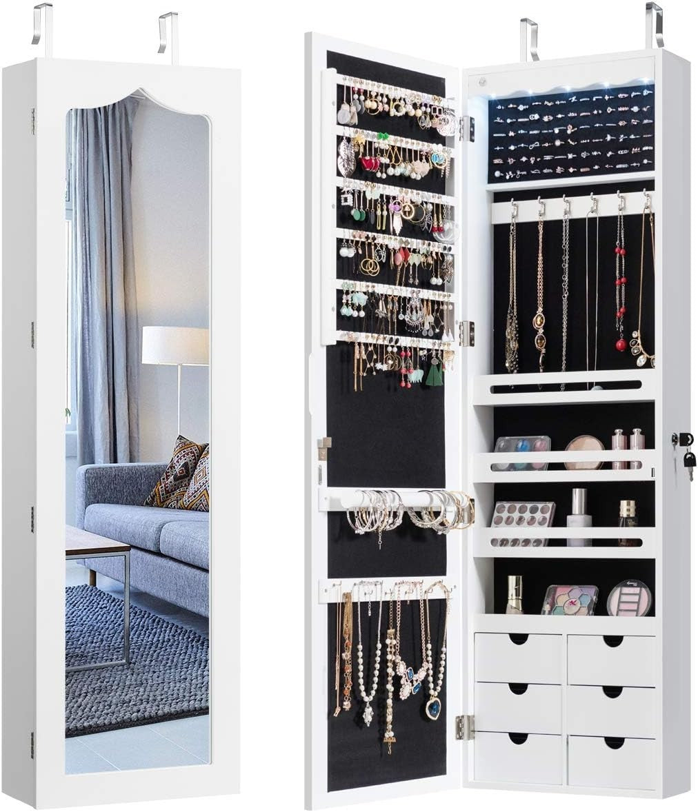 LED Mirror Jewelry Cabinet Wall Mounted Door Hanging Lockable Storage