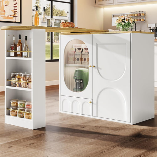 360° Swivel Bar Table w/ Shelves Storage Cabinet Modern White Kitchen Furniture