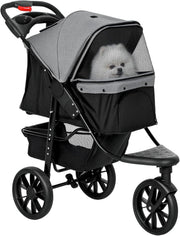Foldable 3-Wheel Pet Stroller Grey Dog Pram Small Dogs Cats Pushchair
