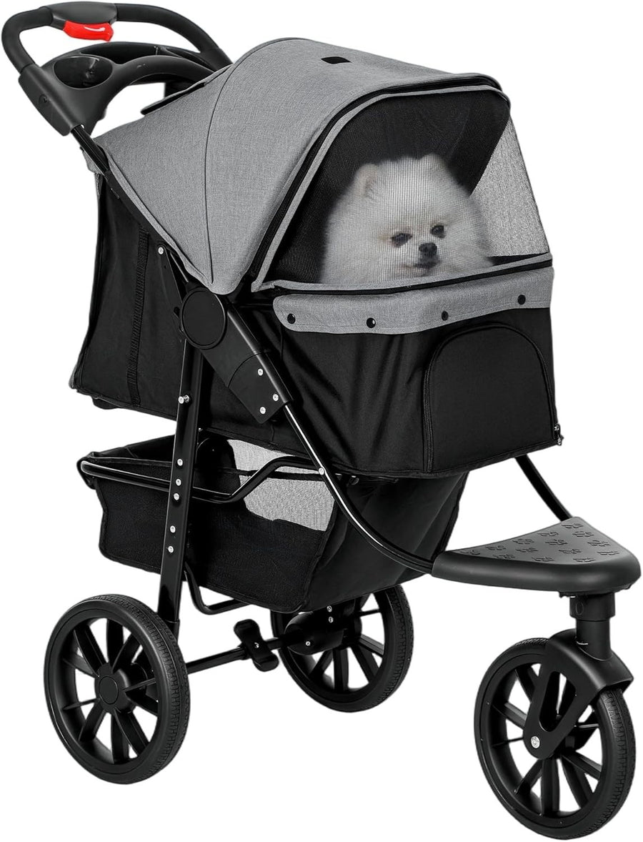Foldable 3-Wheel Pet Stroller Grey Dog Pram Small Dogs Cats Pushchair