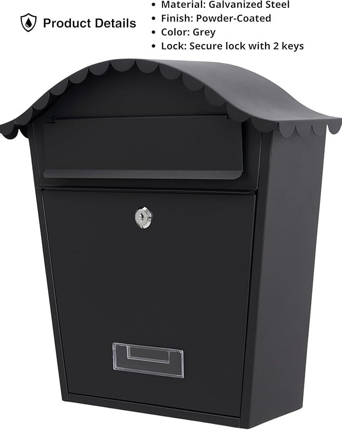 Lockable Wall Mounted Mailbox Black – Weatherproof Steel Post Box w/ 2 Keys