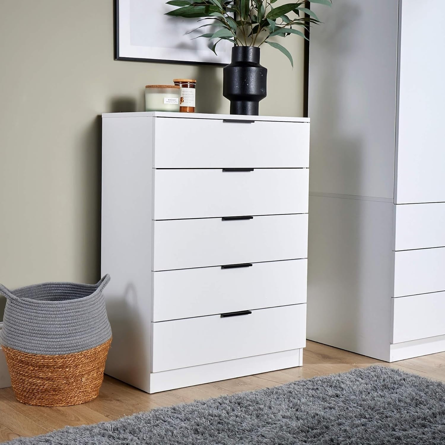 White 5 Drawer Chest of Drawers Bedroom Storage Cabinet Tall Modern Unit