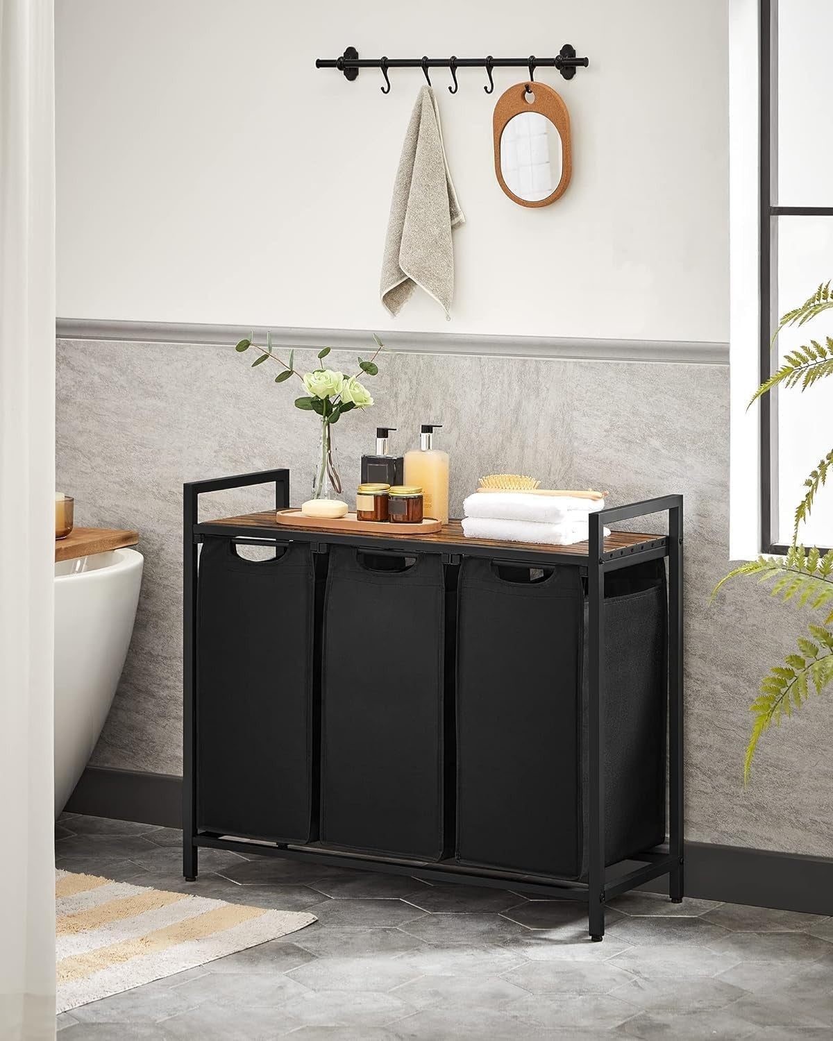 3 Compartment Rolling Laundry Sorter with Shelves Rustic Wood Metal Removable