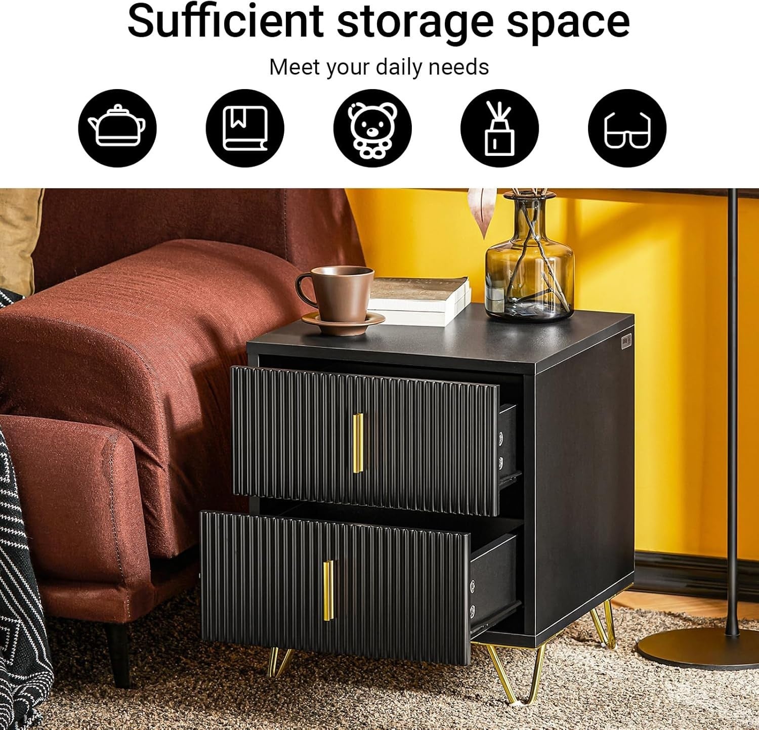 Black Bedside Table with 2 Drawers & Gold Legs – Modern Nightstand