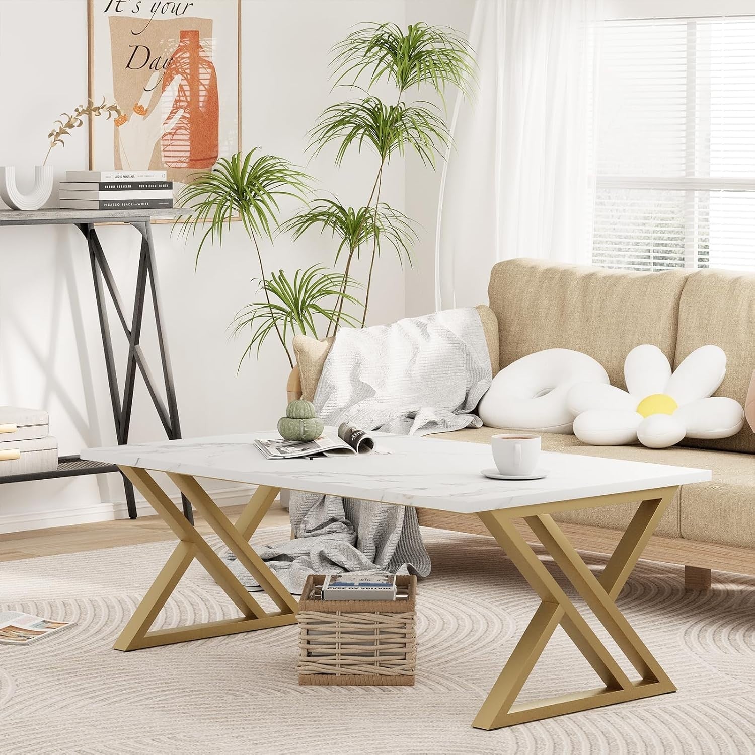 Modern White Gold Coffee Table Rectangular Living Room Table Open Storage