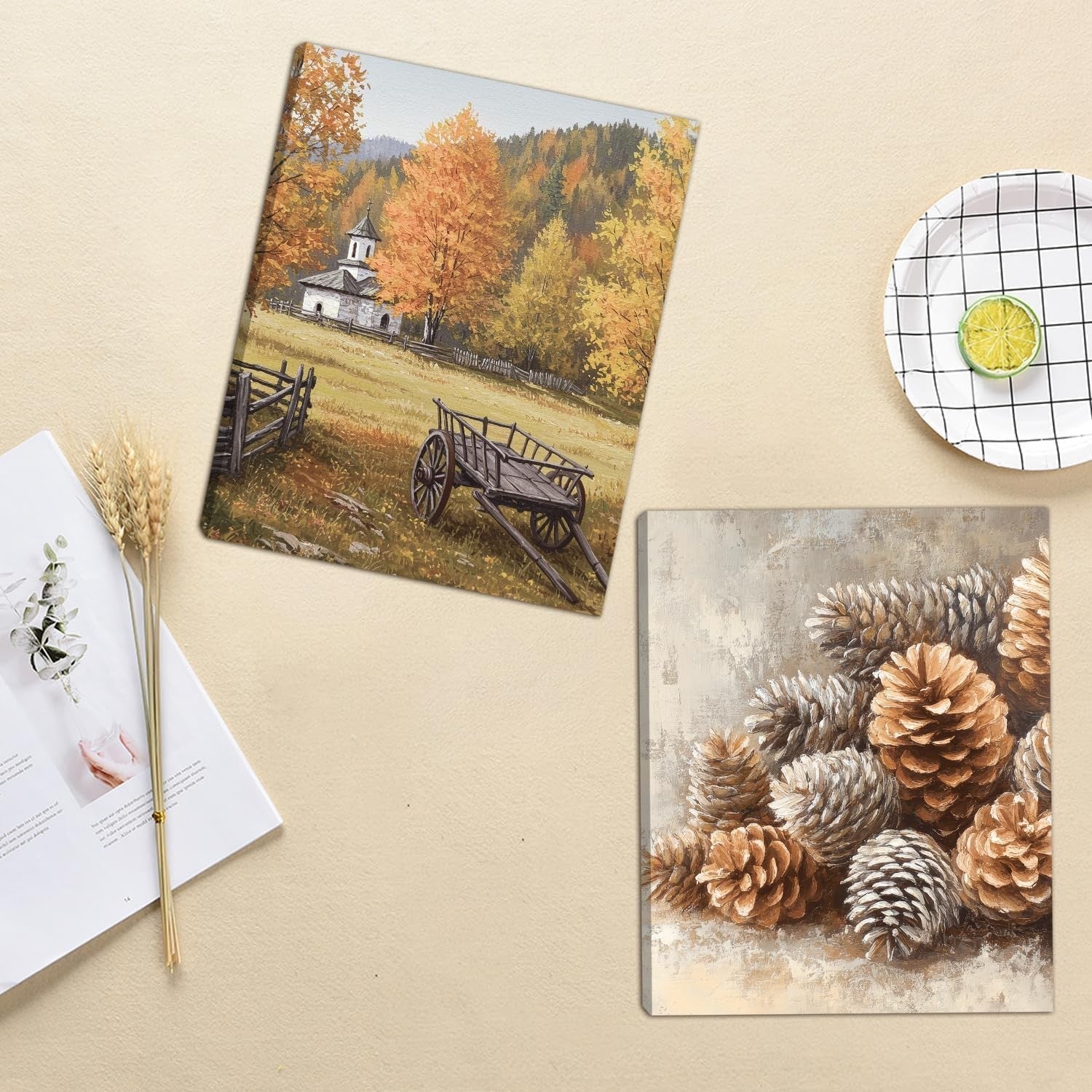 Autumn Landscape Framed Canvas Wall Art Set of 6 Rustic 20x25cm