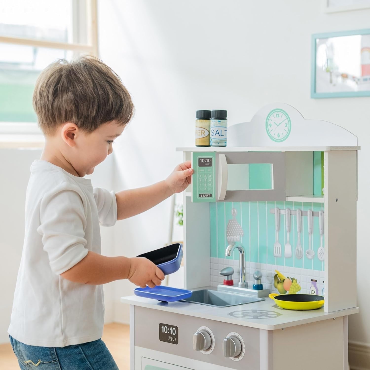 Compact Wooden Kids Play Kitchen Grey Mint Pretend Cooking Set