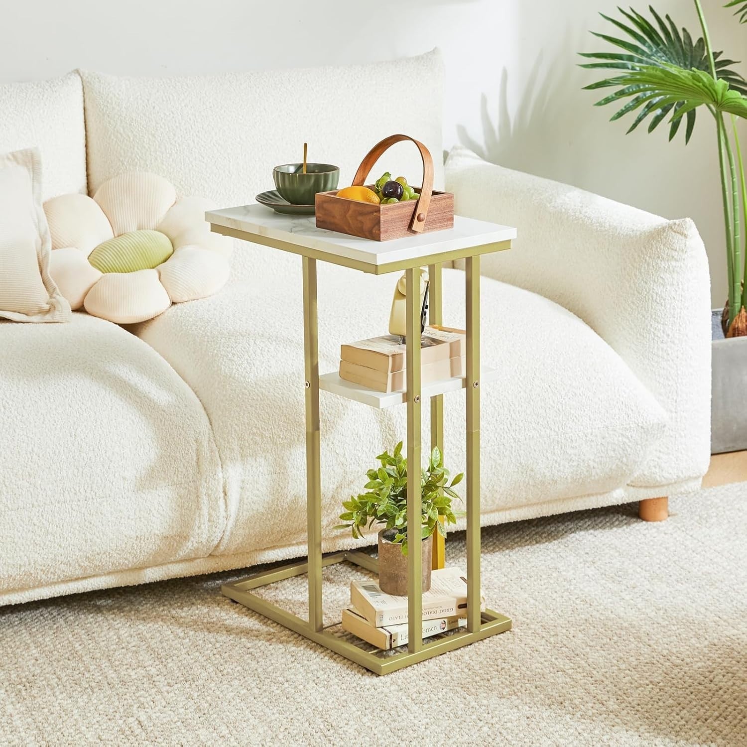Set of 2 C-Shaped End Tables Marble White & Gold – Compact, Sturdy, Multi-Use