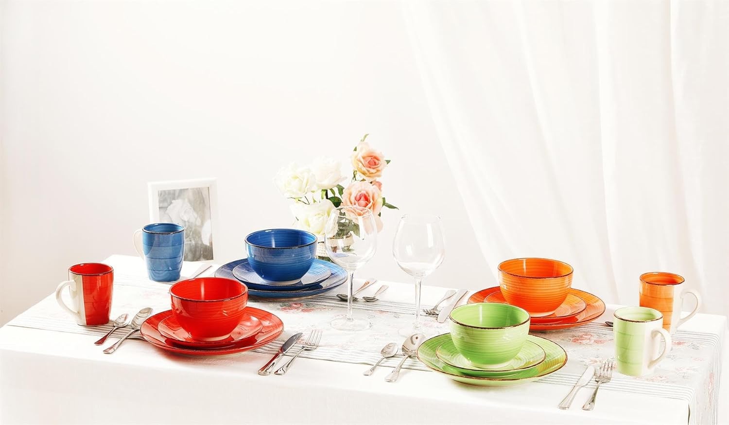 12pc Colourful Dinner Set Plates Bowls Hand Painted Stoneware Dishwasher Safe