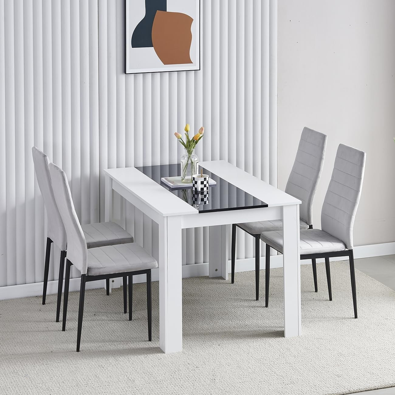 Modern White Dining Table & 4 Grey Chairs Set for Small Kitchen Room