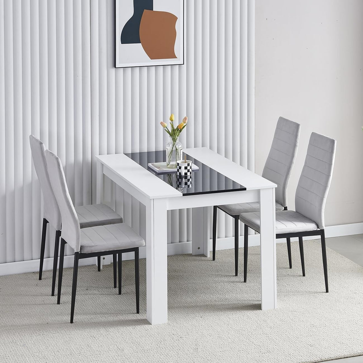 Modern White Dining Table & 4 Grey Chairs Set for Small Kitchen Room