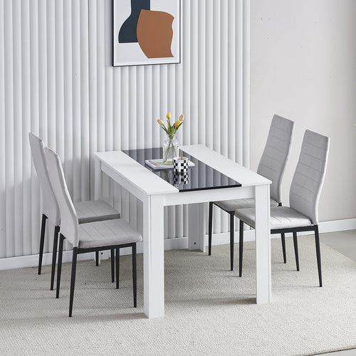 Modern White Dining Table & 4 Grey Chairs Set for Small Kitchen Room