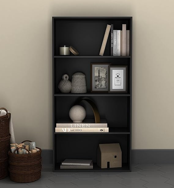 Modern Black 4-Tier Wide Bookcase with Storage Cupboard – Display Shelf Unit