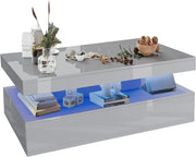 Grey High Gloss Coffee Table with LED Lights & 2 Drawers | 94cm Storage