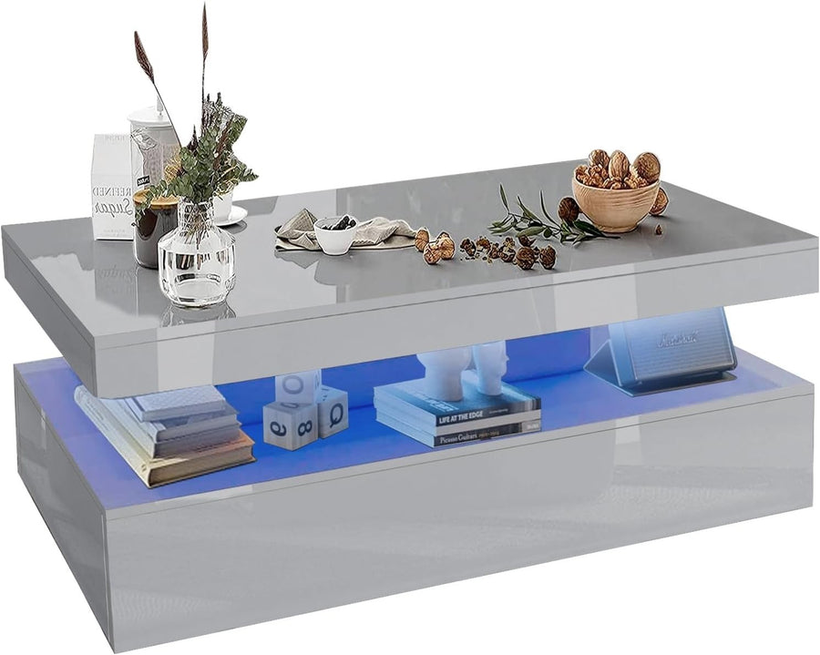 Grey High Gloss Coffee Table with LED Lights & 2 Drawers | 94cm Storage