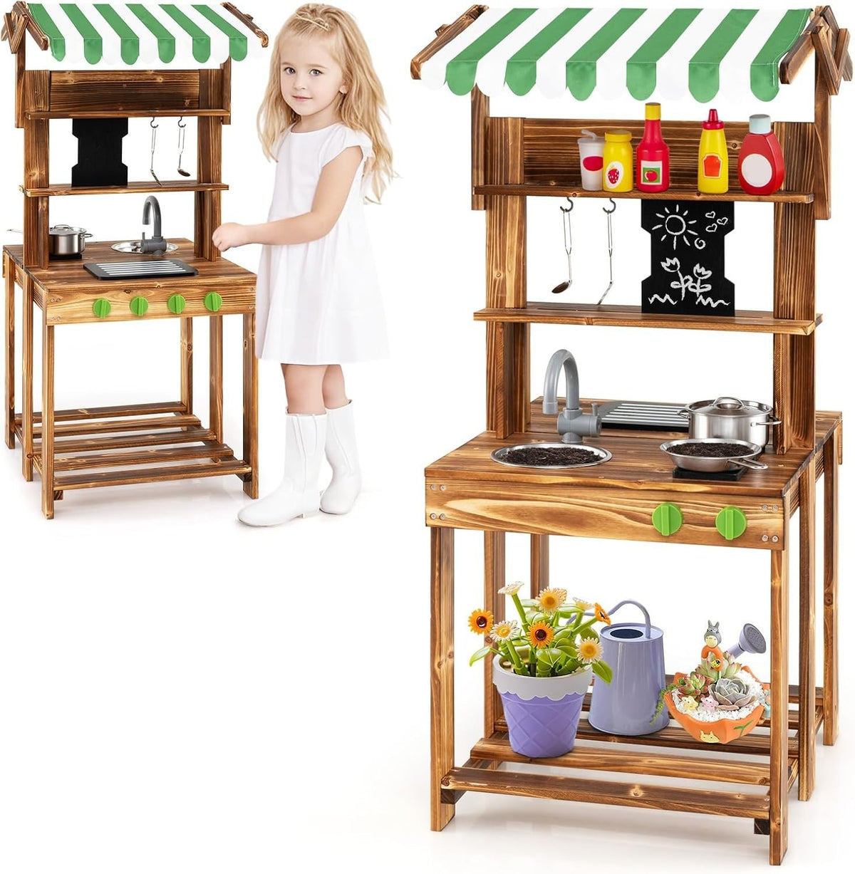 Kids Mud Kitchen BBQ Playset Canopy Chalkboard Wooden Toy