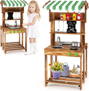 Kids Mud Kitchen BBQ Playset Canopy Chalkboard Wooden Toy