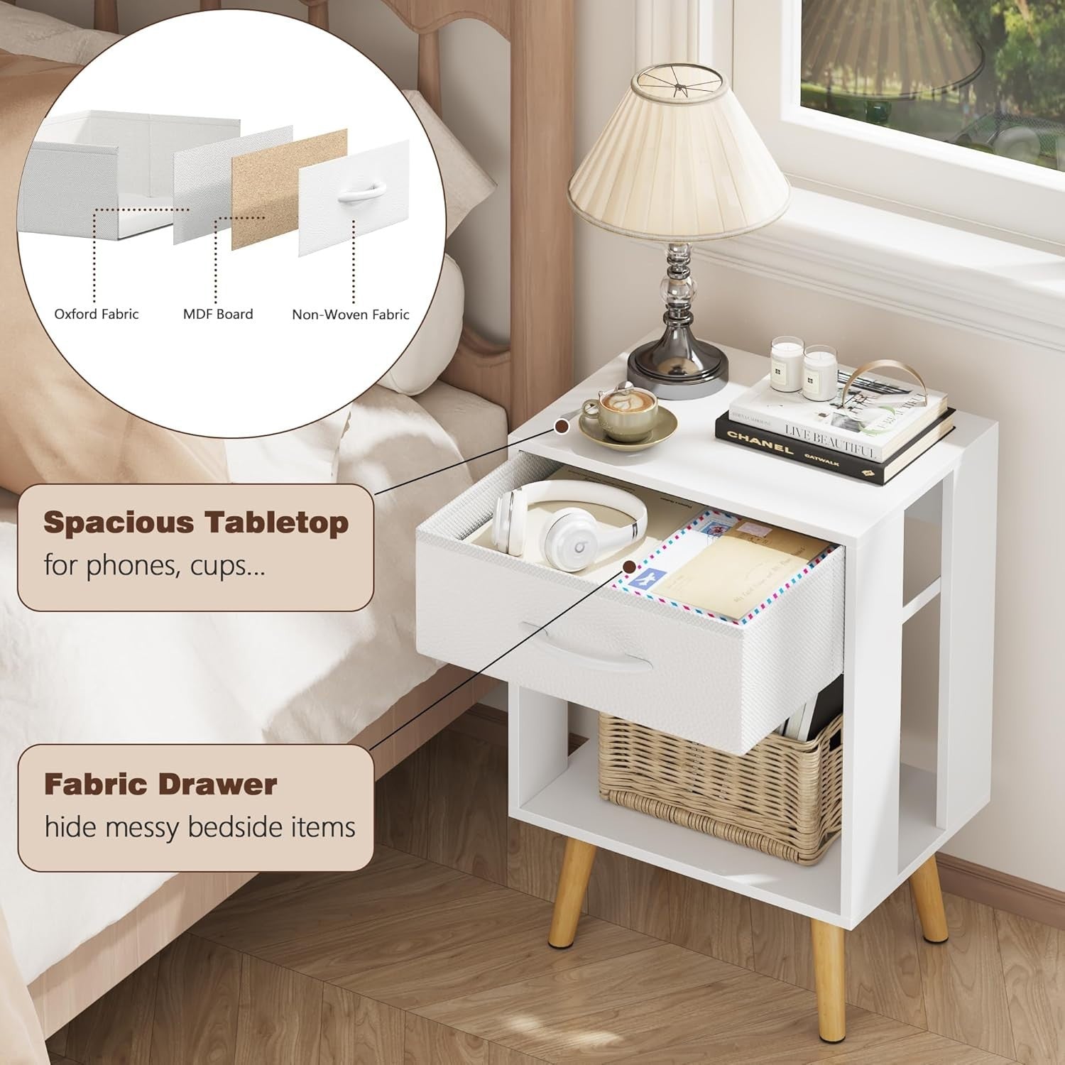 2x White Bedside Tables with Drawer & Shelf – Modern Wooden Nightstands