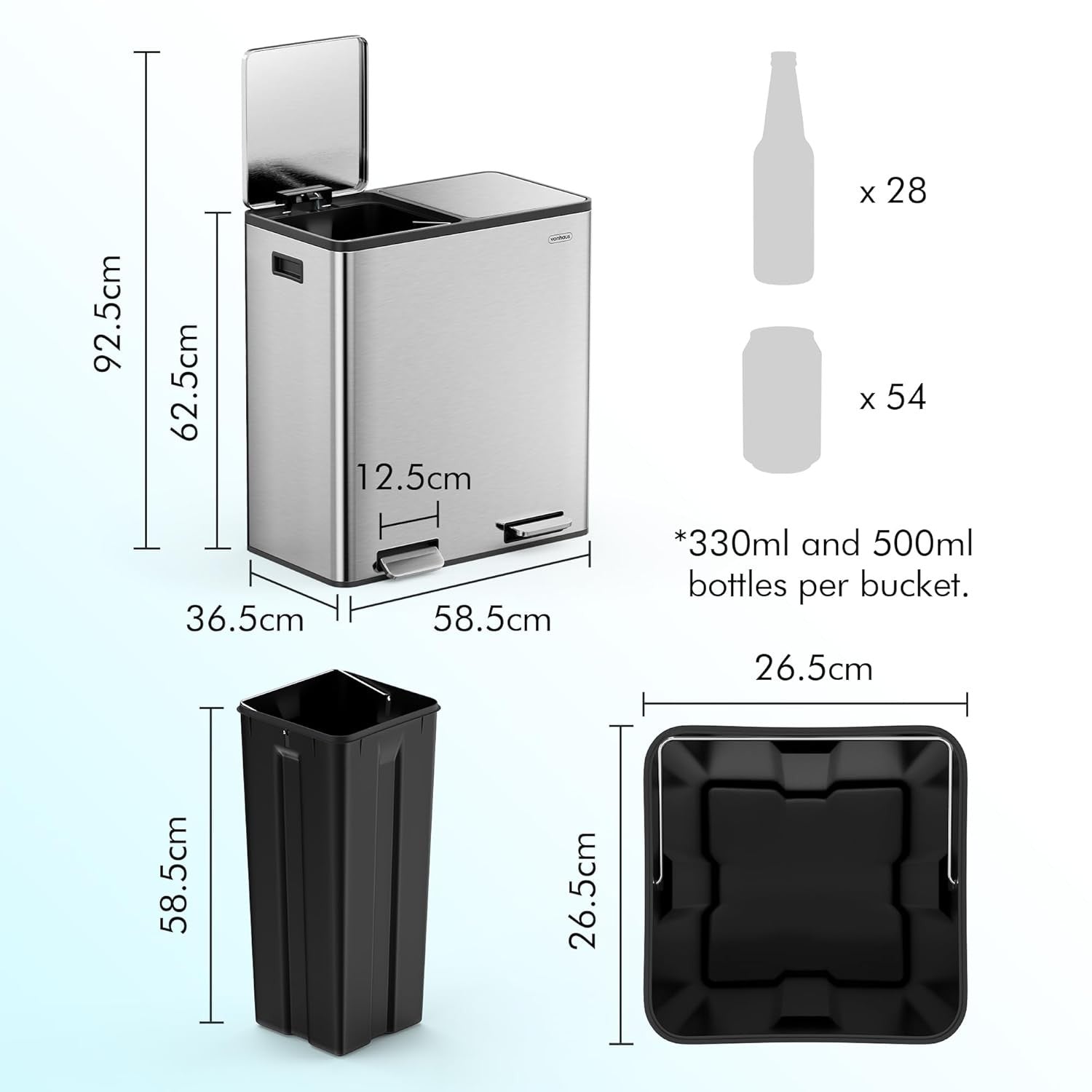 60L Double Recycling Bin Stainless Steel 2x30L Pedal Kitchen