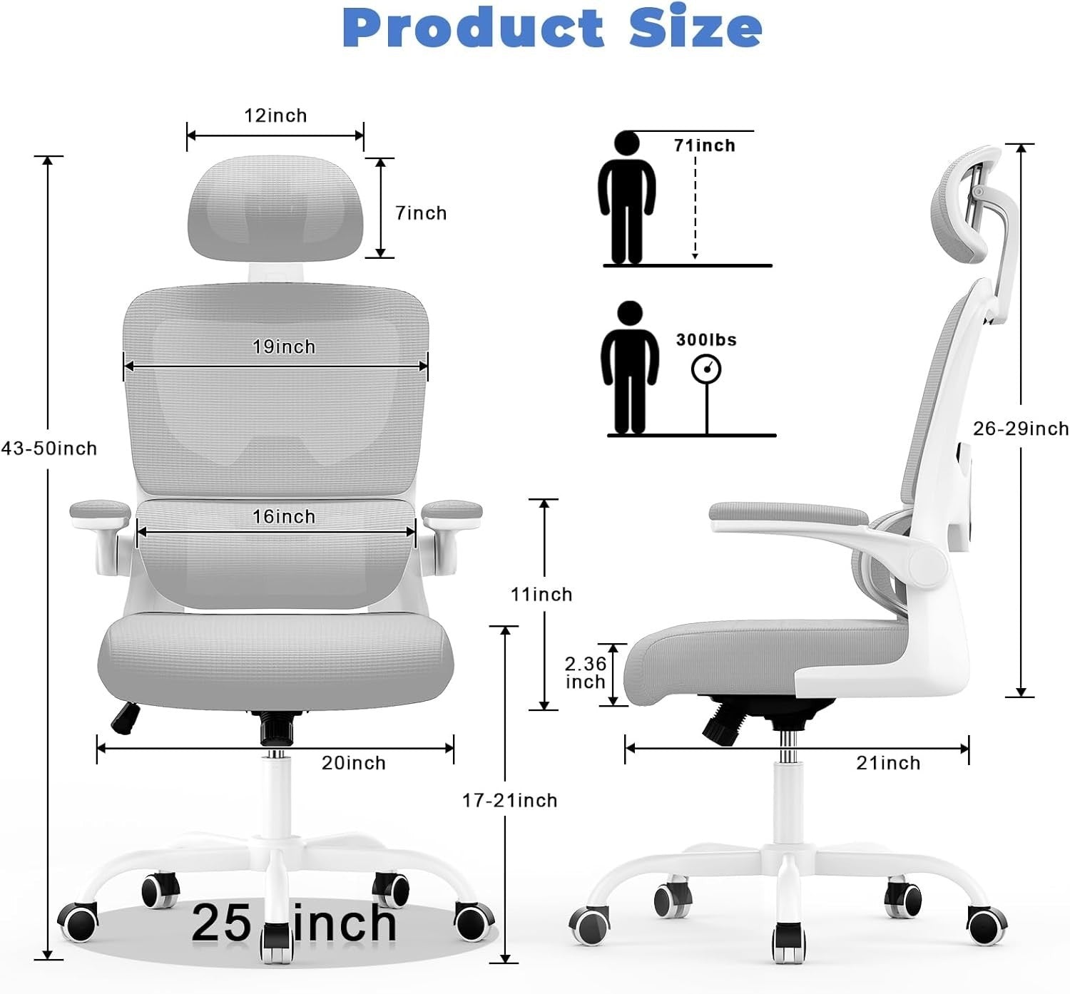 Ergonomic Mesh Office Chair Tall Adjustable Headrest Back Support Flip-up Arms