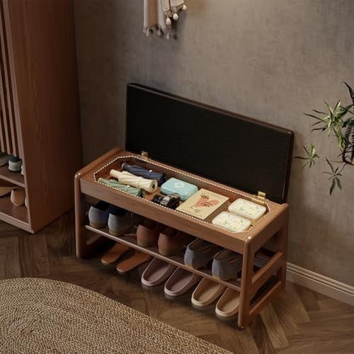 Small Flip-Top Shoe Bench with Cushion | 2-Tier Walnut Shoe Rack for Entryway