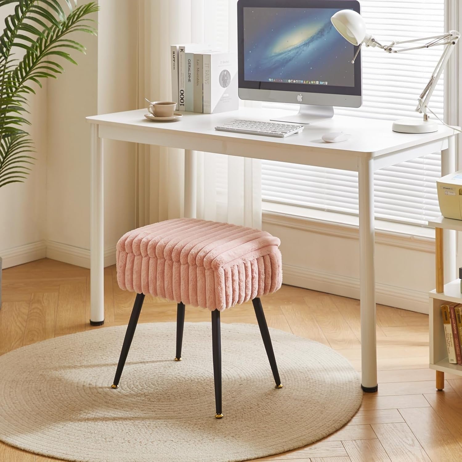 Pink Velvet Vanity Stool with Storage – Rectangular Ottoman Seat