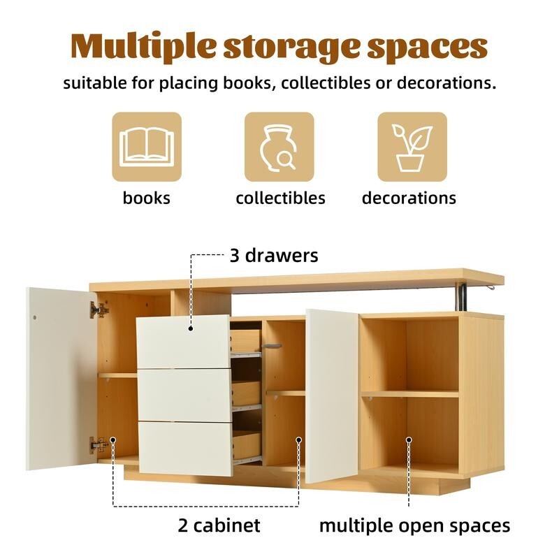 Modern White LED Sideboard Cabinet 2 Door 3 Drawer Push Open Storage