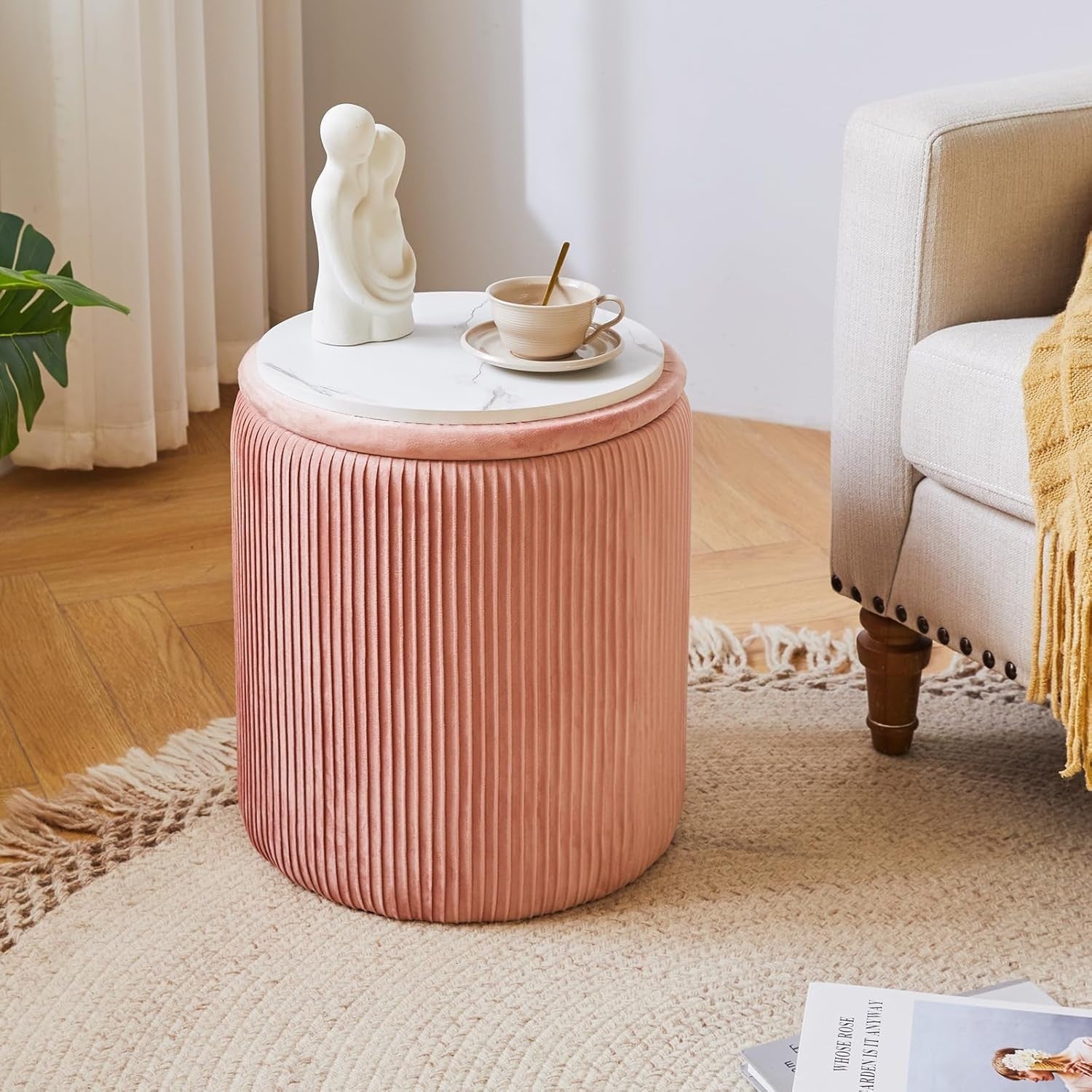 Set of 2 Pink Round Storage Ottomans – Velvet Vanity Stools & Side Tables