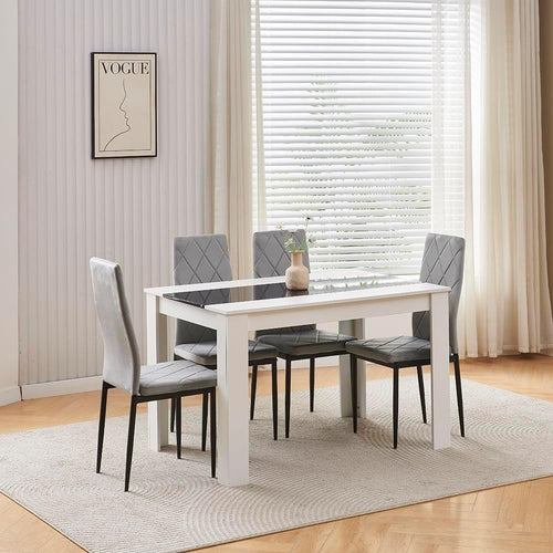 Modern White Dining Table Set 4 Seater w/ Grey Chairs for Small Space