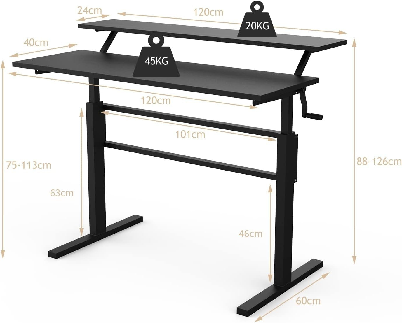 Black Adjustable Standing Desk 113cm Crank Handle Sit Stand Table