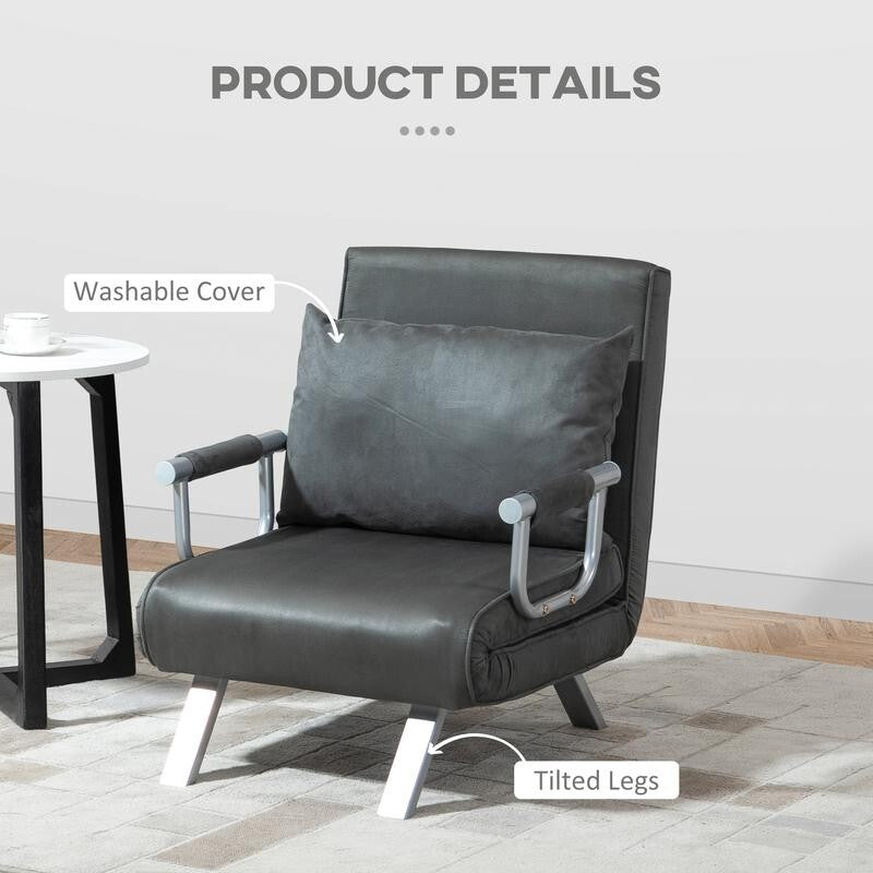 2-Seater Recliner Chair Sofa Bed – Adjustable Dark Grey Sleeper Seat w/ Pillow