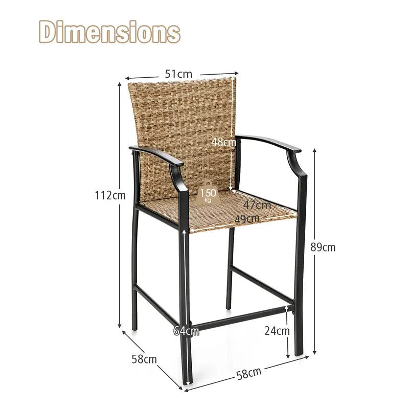 4x Outdoor Rattan Bar Stools with Cushions High Backrest Garden Patio
