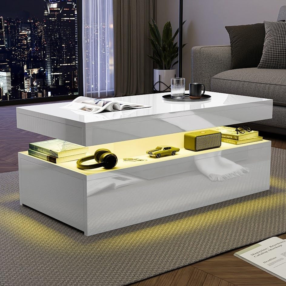 High Gloss Rectangle Coffee Table with 2 Drawers & RGB LED Lights 94x47x38cm
