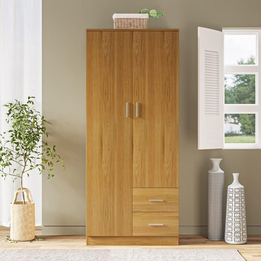 Wooden 2 Door Wardrobe with 2 Drawers Bedroom Storage Closet Unit
