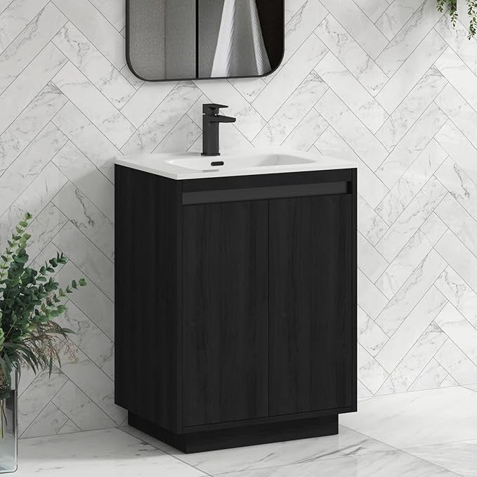 600mm Black Floor Standing Vanity Unit with Basin Sink 2 Door Bathroom Cabinet