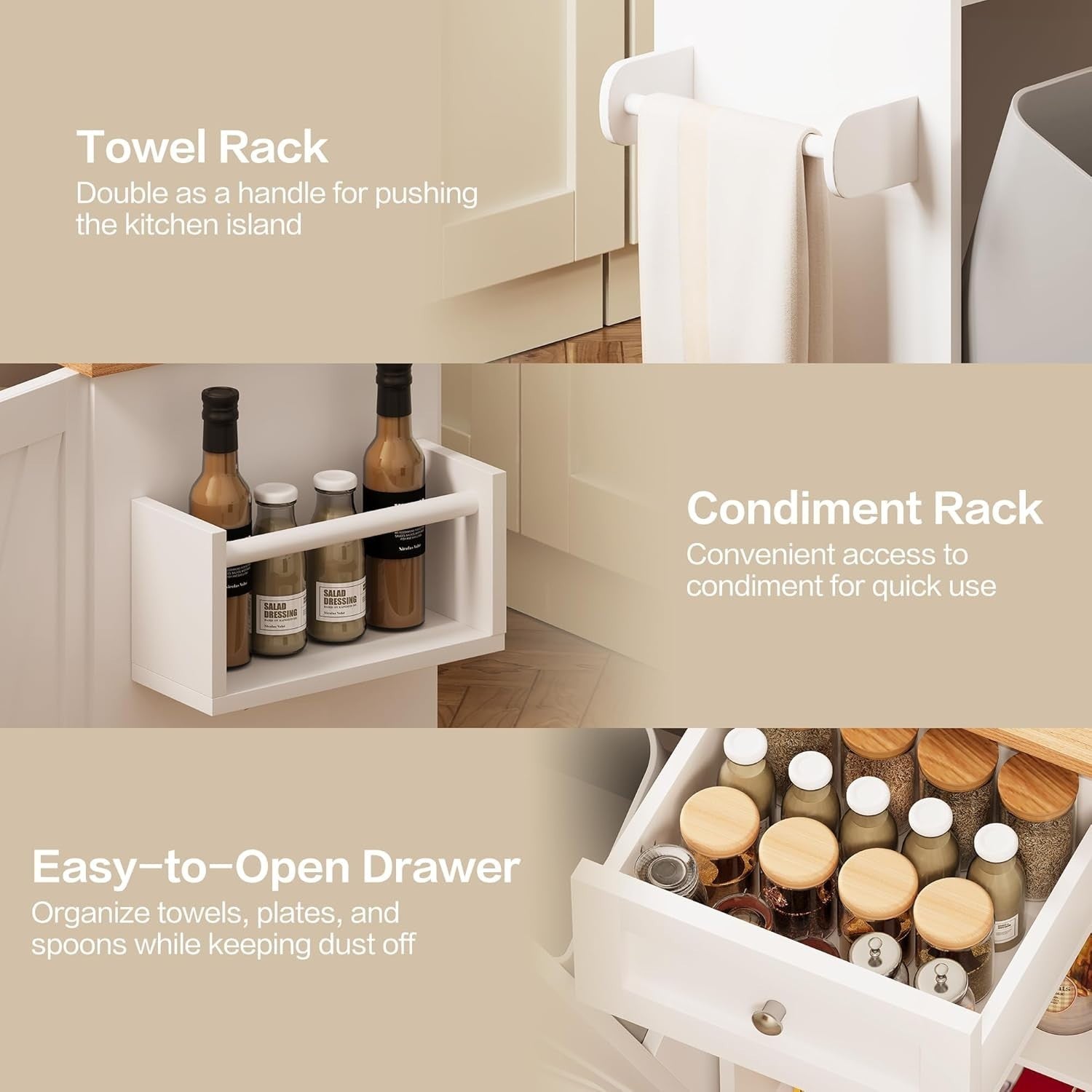 Rolling Kitchen Island Cart with Drop-Leaf, Trash Storage & Spice Rack, 120x40x8