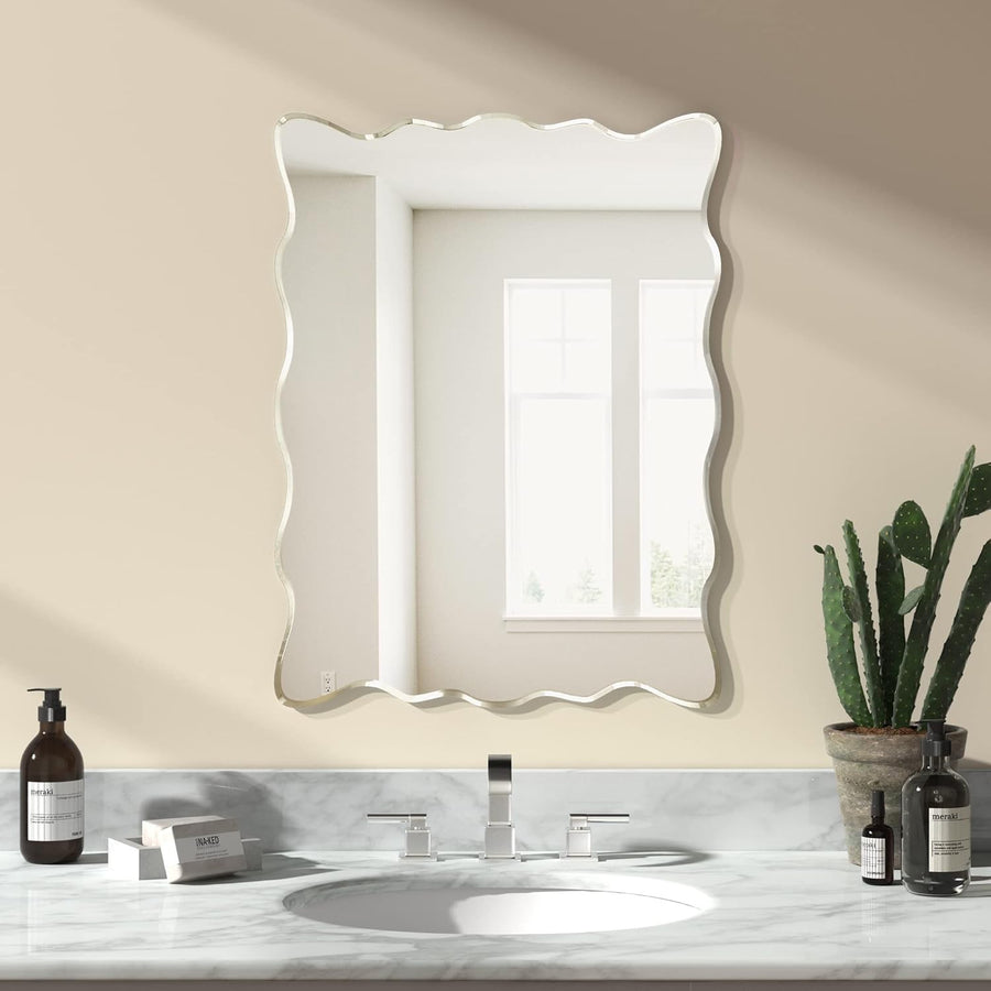 Frameless Wavy Wall Mirror 45x45cm Tempered Glass Stylish Bathroom Vanity