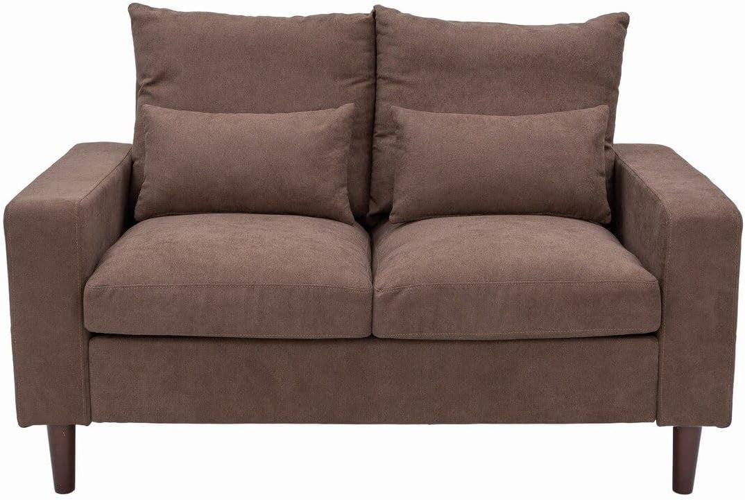 2 Seater Sofa Brown Linen Fabric Small Couch Modern Solid Wood Legs + Cushions