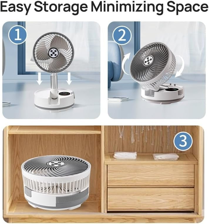 White Portable Desk Foldable Fan – 9-Speed Rechargeable w/ LED & Remote Control