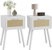 Set of 2 White Bedside Tables with Rattan Drawer & Wood Legs, Modern Nightstands