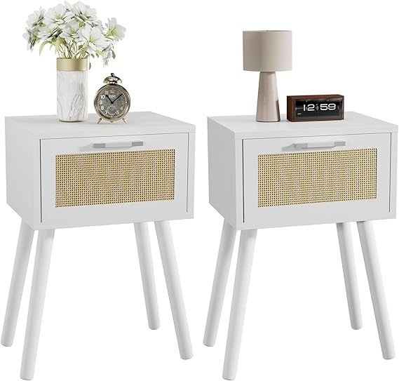 Set of 2 White Bedside Tables with Rattan Drawer & Wood Legs, Modern Nightstands