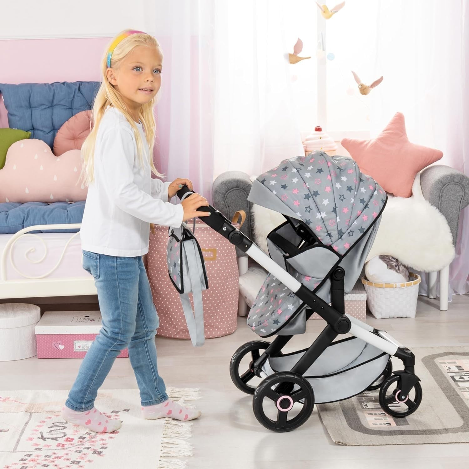 3in1 Dolls Pram Pushchair Carrycot Set Tall Adjustable Handle Toy Buggy