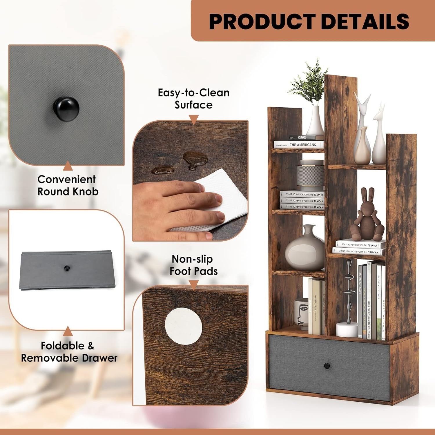 7-Tier Rustic Brown Wooden Bookshelf with Drawer, Space-Saving Storage