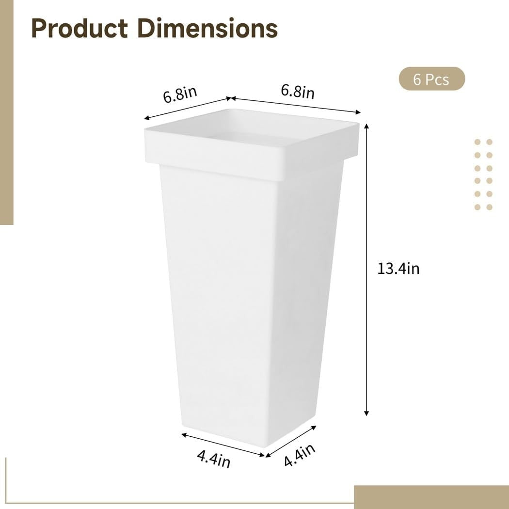 6 Pack Tall Square Flower Buckets White Modern Floral Display Vases 34cm