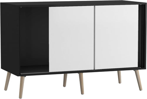Modern Sideboard Black White | Sliding 3 Door Storage Unit Beech Legs