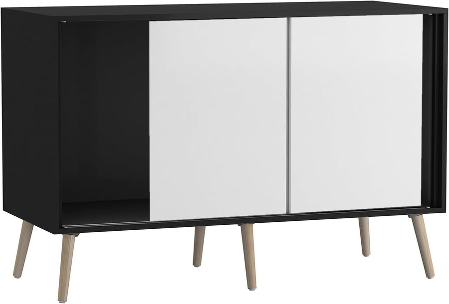 Modern Sideboard Black White | Sliding 3 Door Storage Unit Beech Legs