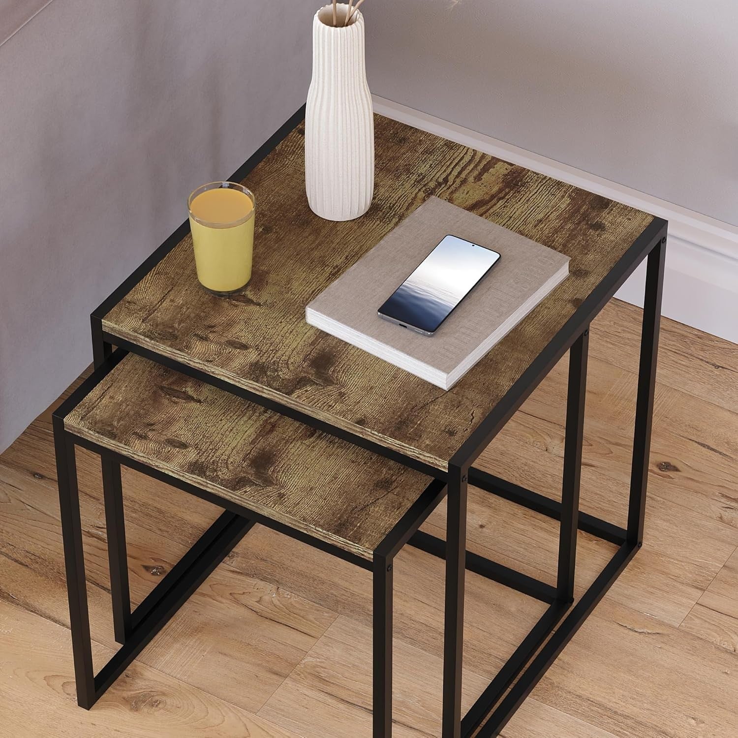 2x Industrial Dark Wood Metal Nesting Tables Set Side End Coffee Self Assembly