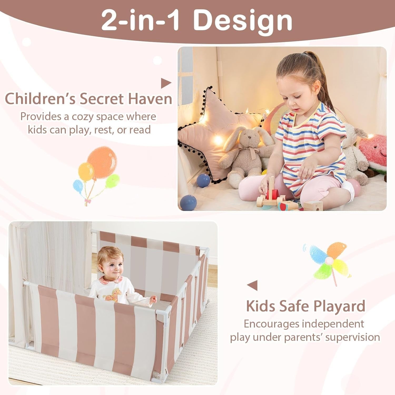 Kids Play Tent Beige Coffee Castle with Lights Mat Indoor Toddler Playhouse